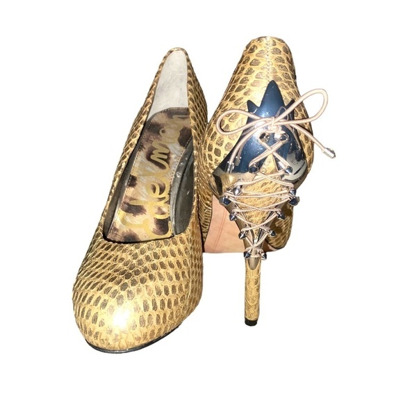 Sam Edelman Evan Snakeskin Gold Spike Heels Size 6 - Picture 12 of 15